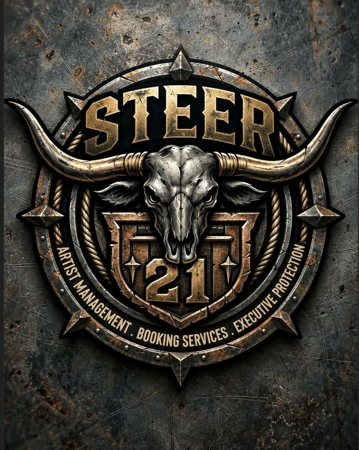 Steer 21 emblem: a longhorn skull above a shield marked 21, ringed with the words Artist Management, Booking Services, Executive Protection